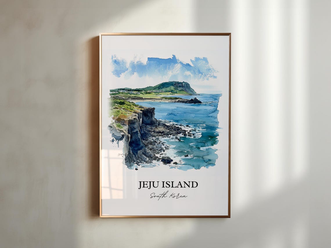 Jeju Island South Korea Volcanic Coast Cliffs Watercolor Travel Poster - Image 5