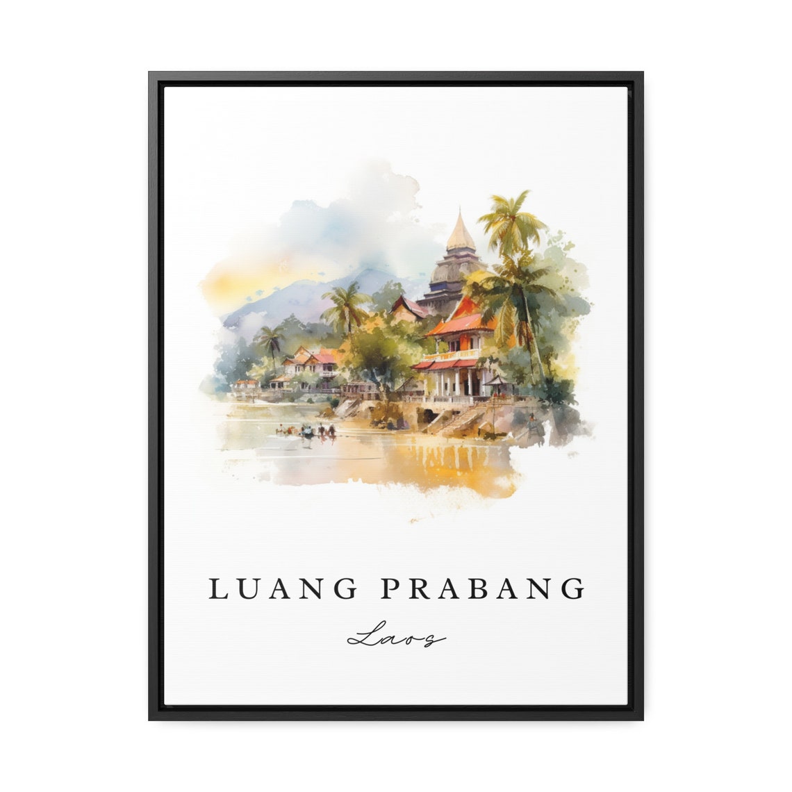 Luang Prabang Laos Watercolor Art Riverside Temples Palms Poster - Image 3