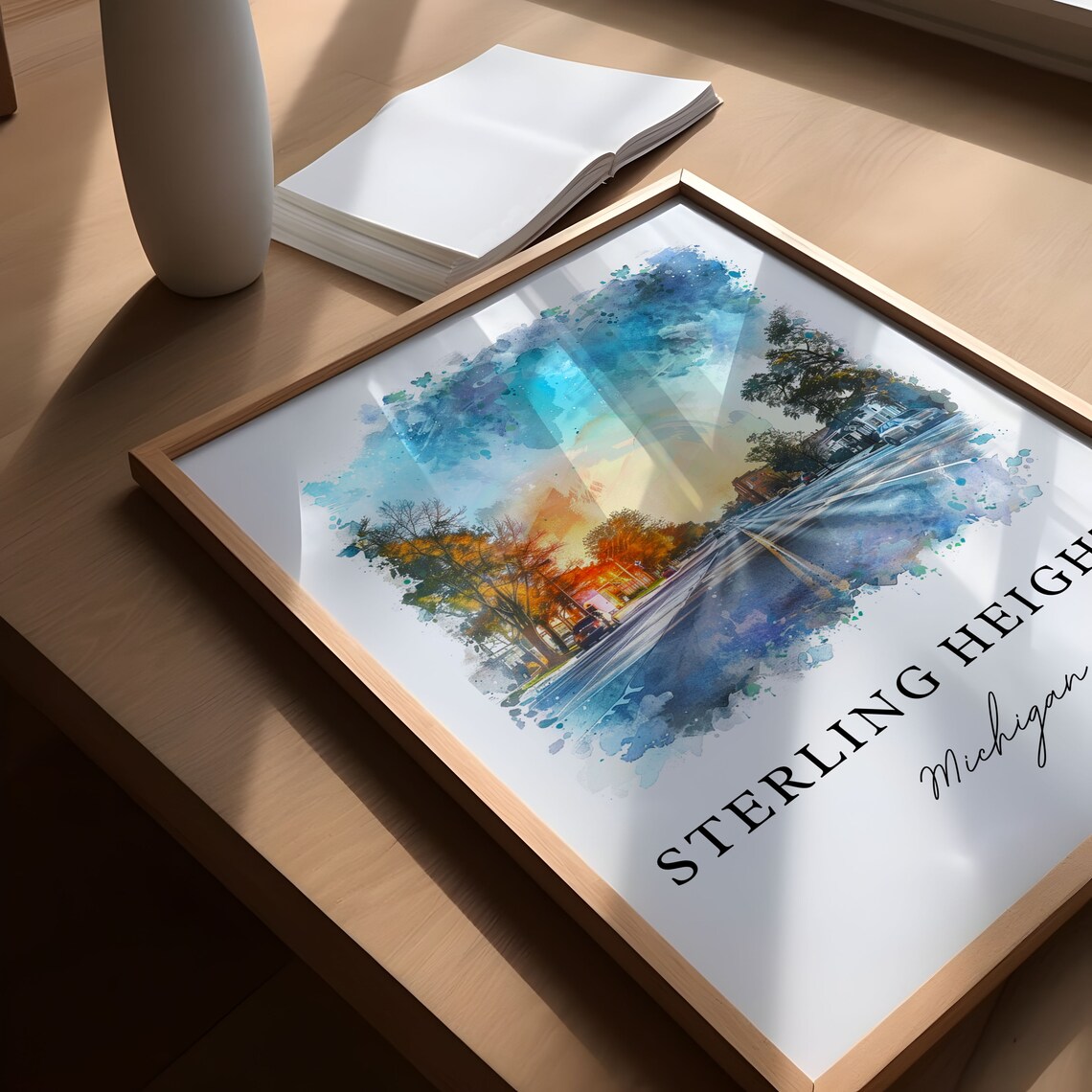 Sterling Heights Michigan Watercolor Sunset Street Scene Poster - Image 5