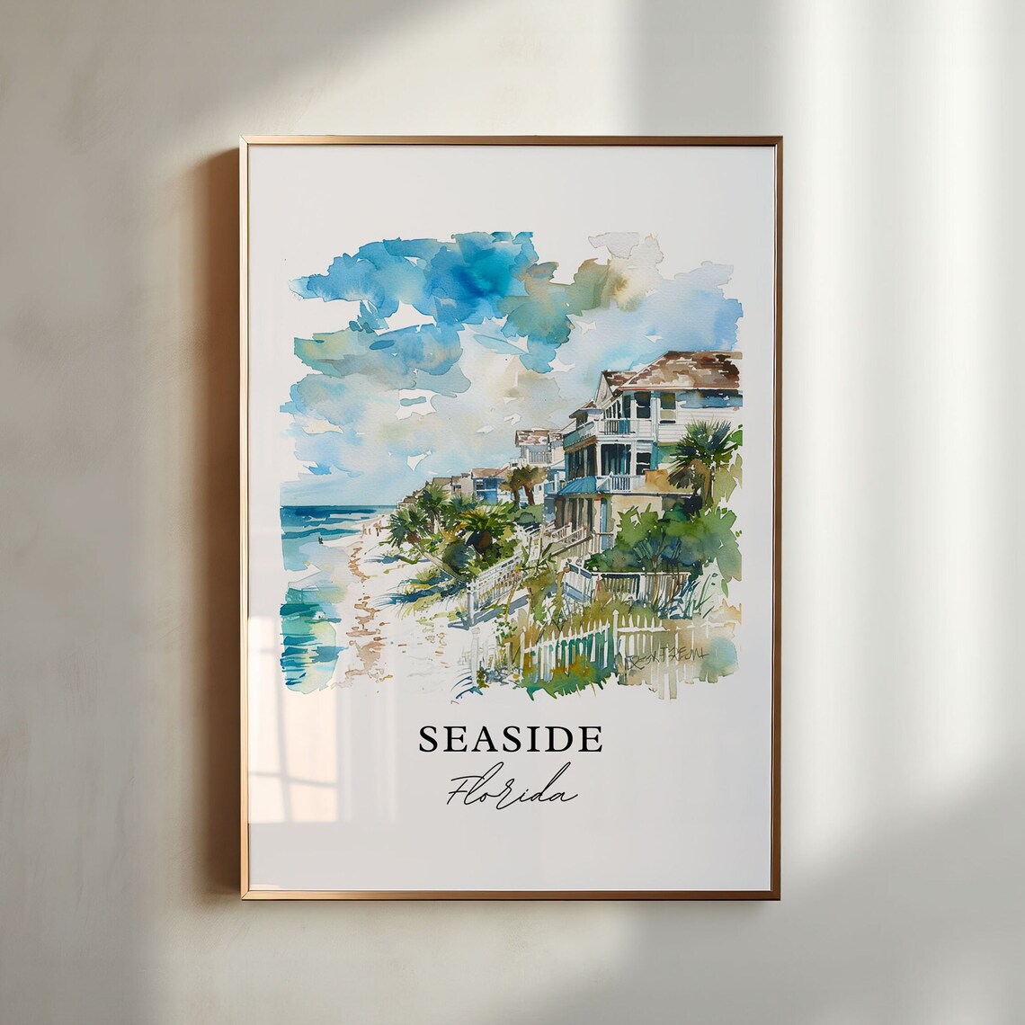 Seaside Florida Watercolor Travel Poster, Housewarming Gift