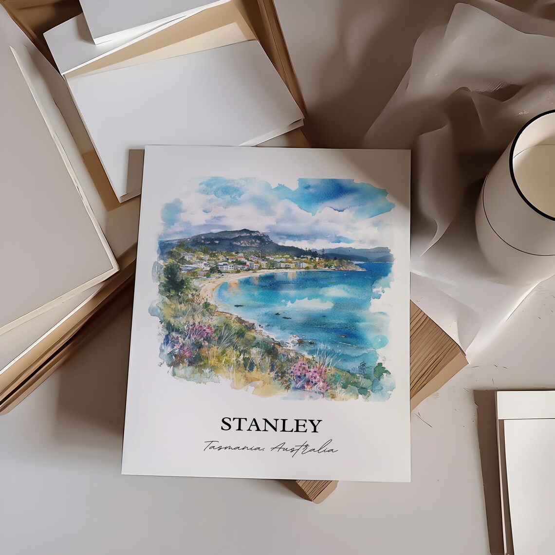 Stanley Tasmania Coastal Bay Village Watercolor Travel Art Print - Image 2
