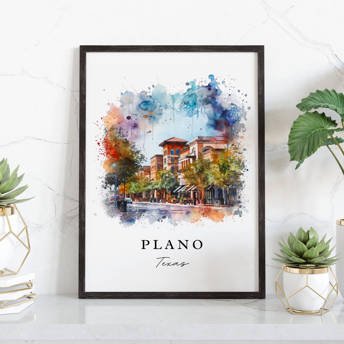 Plano Texas Downtown Main Street Storefronts Watercolor Poster - Image 3