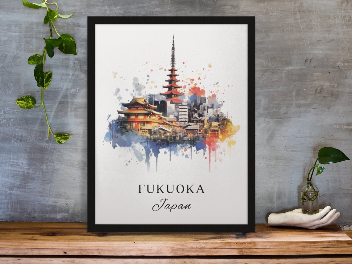 Fukuoka Japan Watercolor Five Story Pagoda Temple Cityscape Poster - Image 3