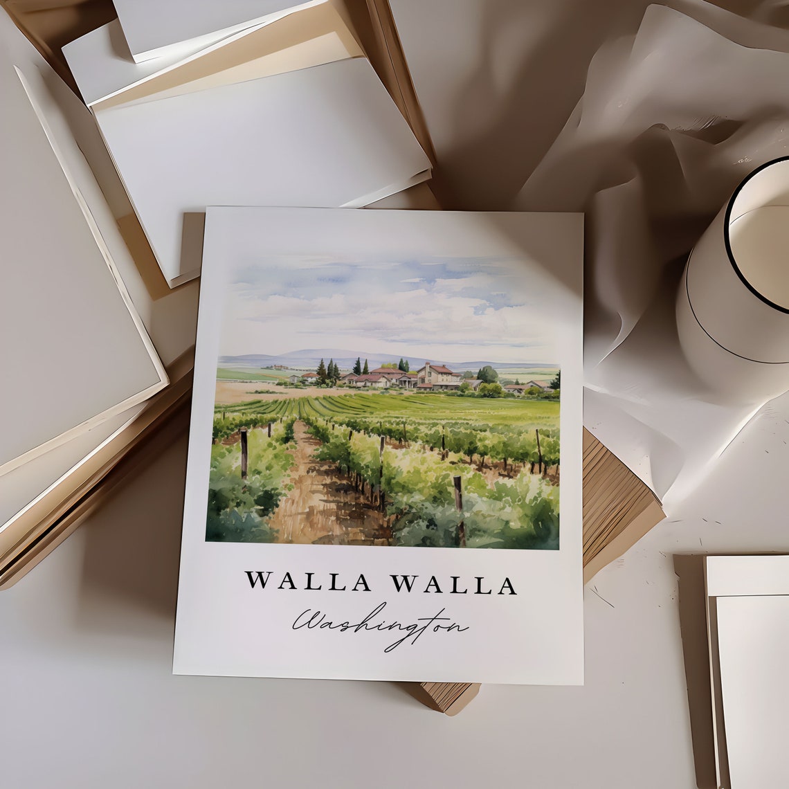 Walla Walla Washington Vineyard Rows Watercolor Travel Gift Poster - Image 6