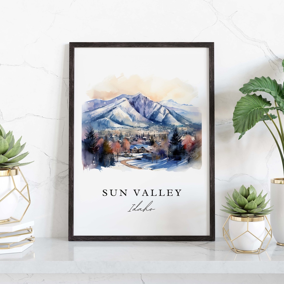 Sun Valley Idaho Snowy Mountain Town Watercolor Winter Ski Poster - Image 3