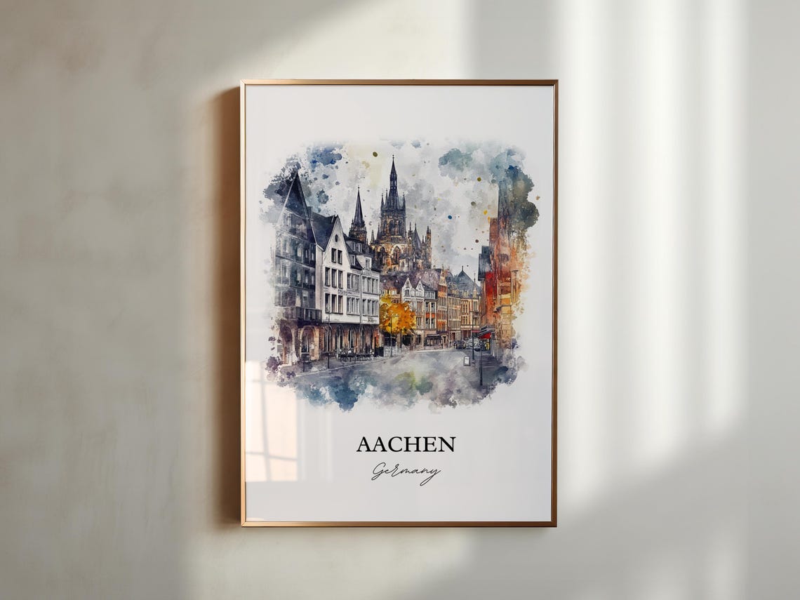 Aachen Germany Gothic Cathedral Square Watercolor Travel Poster - Image 4