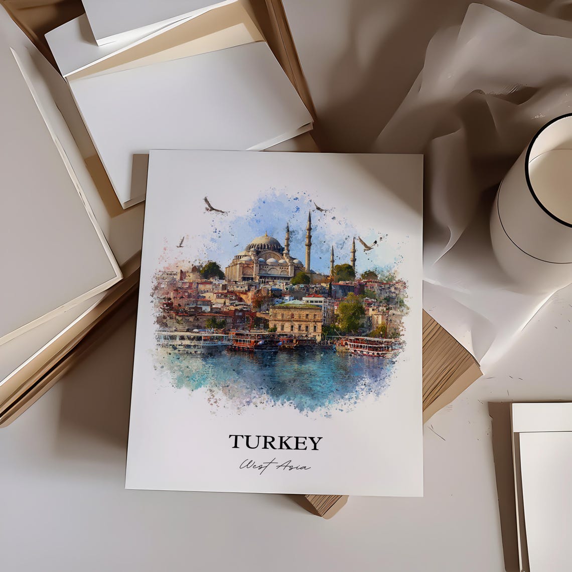 Turkey Watercolor Art Ottoman Mosque Waterfront Minarets Poster - Image 3