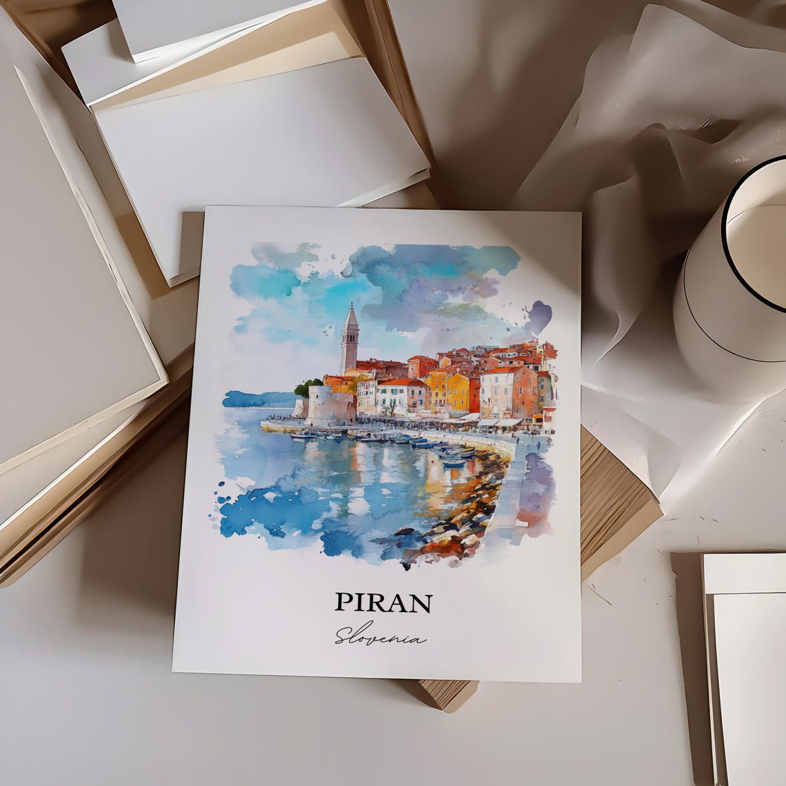 Piran Slovenia Watercolor Coastal Old Town Bell Tower Harbor Poster - Image 3