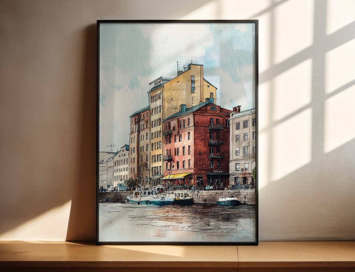 Gothenburg Sweden Canal Waterfront Watercolor City Art Poster