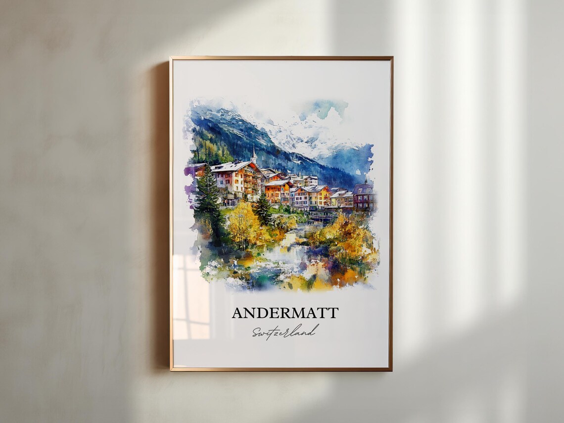 Andermatt Switzerland Alpine Village Watercolor Mountain Travel Poster - Image 3
