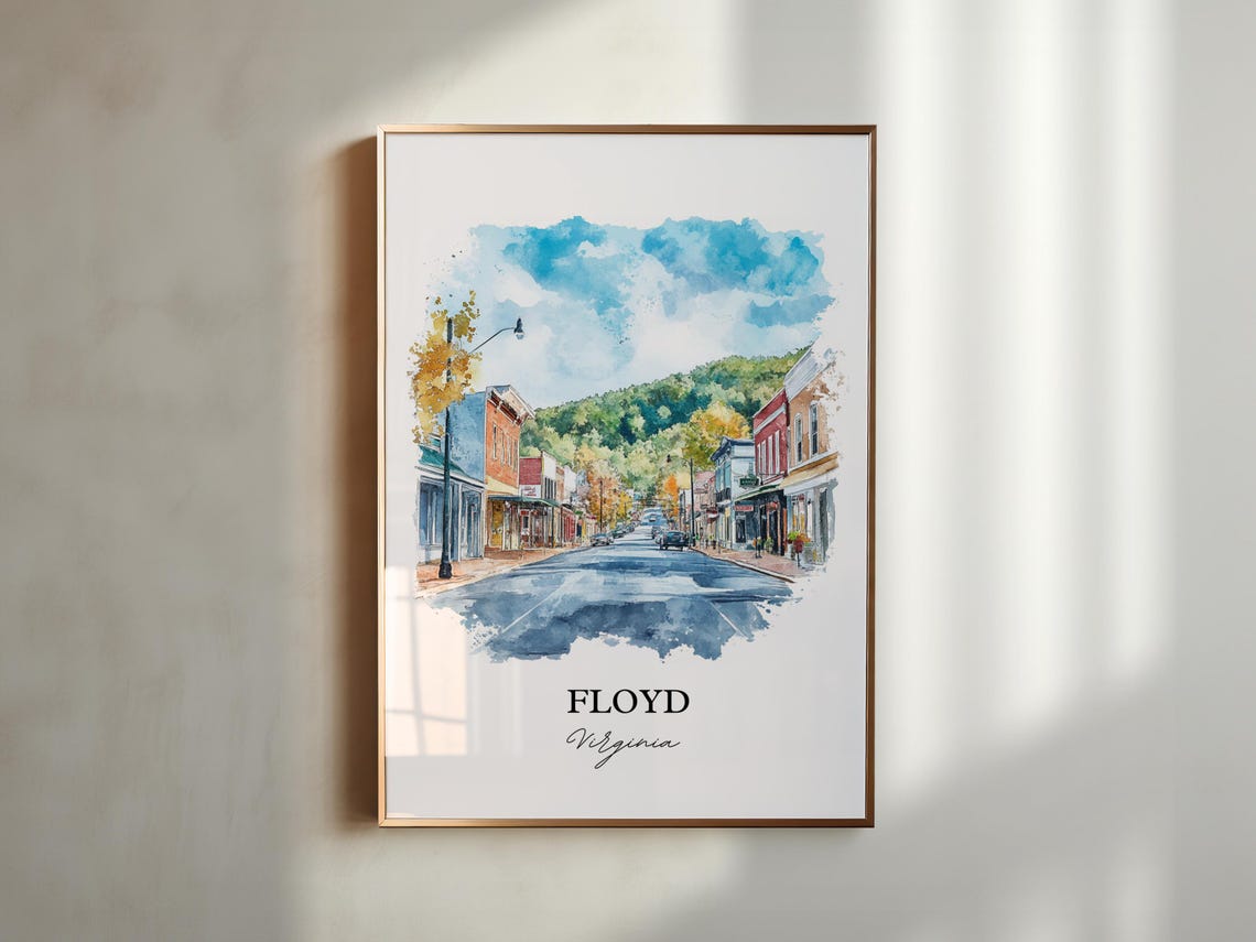 Floyd Virginia Main Street Mountain Backdrop Watercolor Travel Poster - Image 4