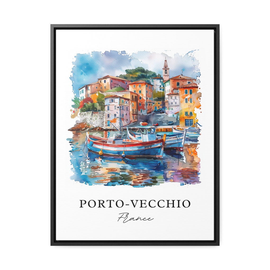 Porto Vecchio Corsica France Harbor Boats Watercolor Village Poster - Image 3