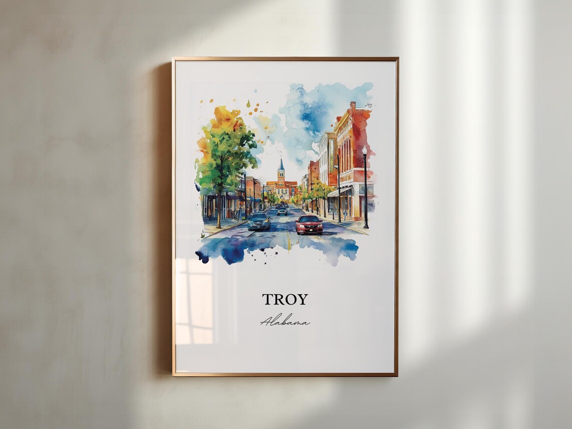Troy Alabama Downtown Street Church Spire Watercolor Travel Poster - Image 4