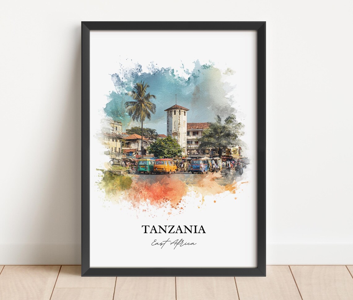 Tanzania East Africa Town Square Busy Watercolor Travel Poster - Image 4