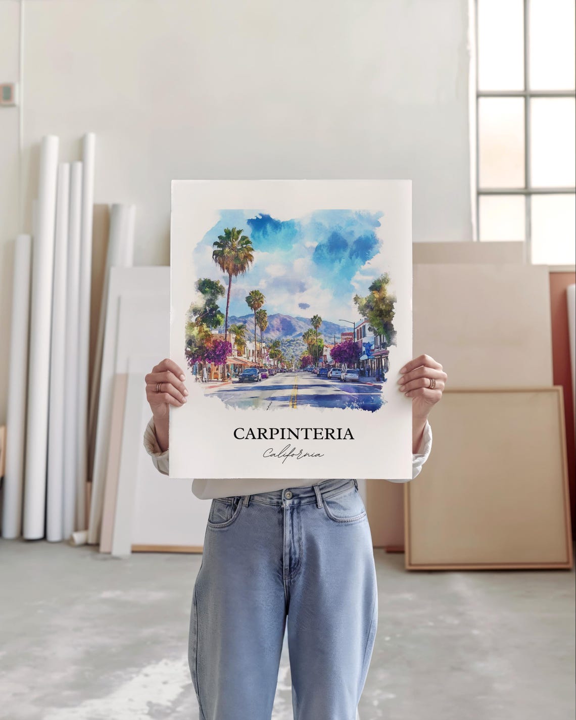 Carpinteria California Palm Lined Main Street Watercolor Poster - Image 3