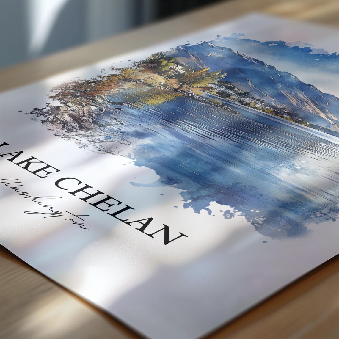 Lake Chelan Washington Watercolor Blue Lake Mountain Scene Poster - Image 3