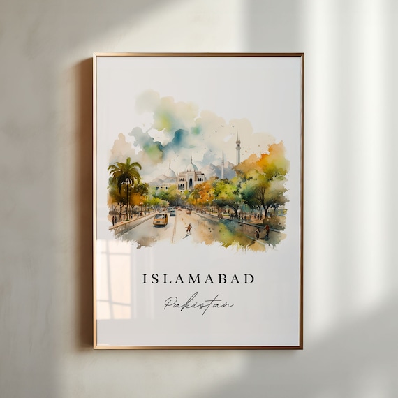 Islamabad Pakistan Watercolor Tree Lined Street Mosque Travel Gift Poster
