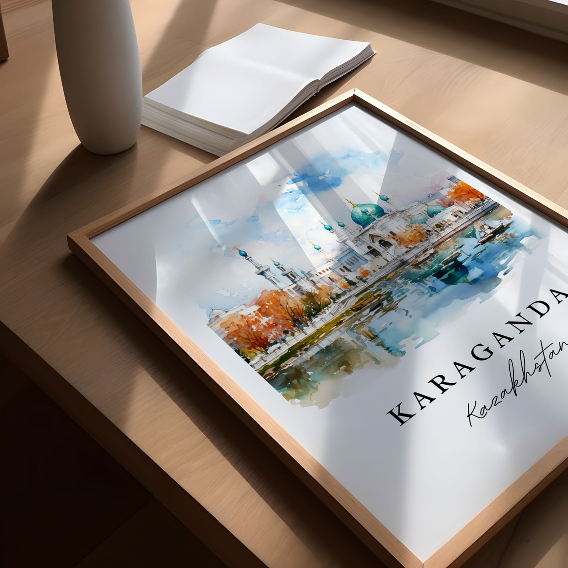 Karaganda Kazakhstan Watercolor Mosque Lakeside Reflection Poster - Image 5