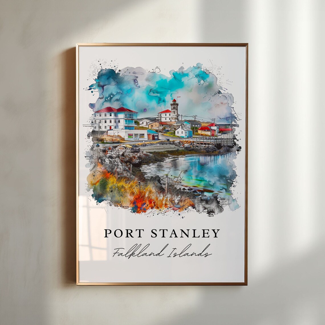 Port Stanley Falkland Islands Harbor Watercolor Travel Poster