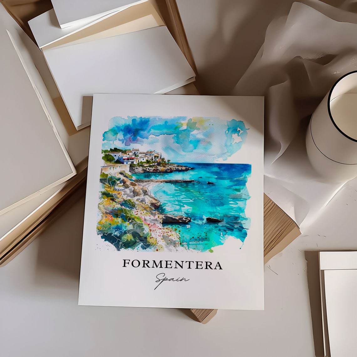Formentera Spain Turquoise Cove Beach Watercolor Travel Poster - Image 6