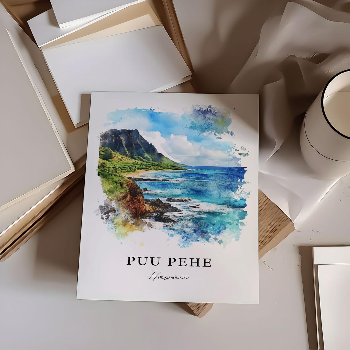 Puu Pehe Hawaii Watercolor Sea Cliffs Ocean Scene Art Poster - Image 6