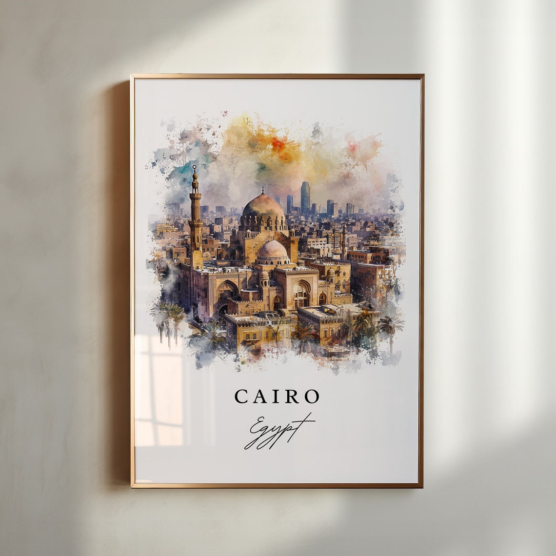 Cairo Egypt Watercolor Historic Mosque Skyline Travel Poster