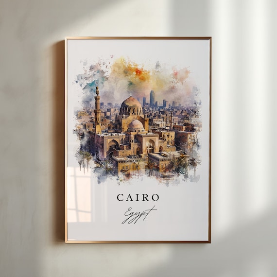 Cairo Egypt Watercolor Historic Mosque Skyline Travel Poster