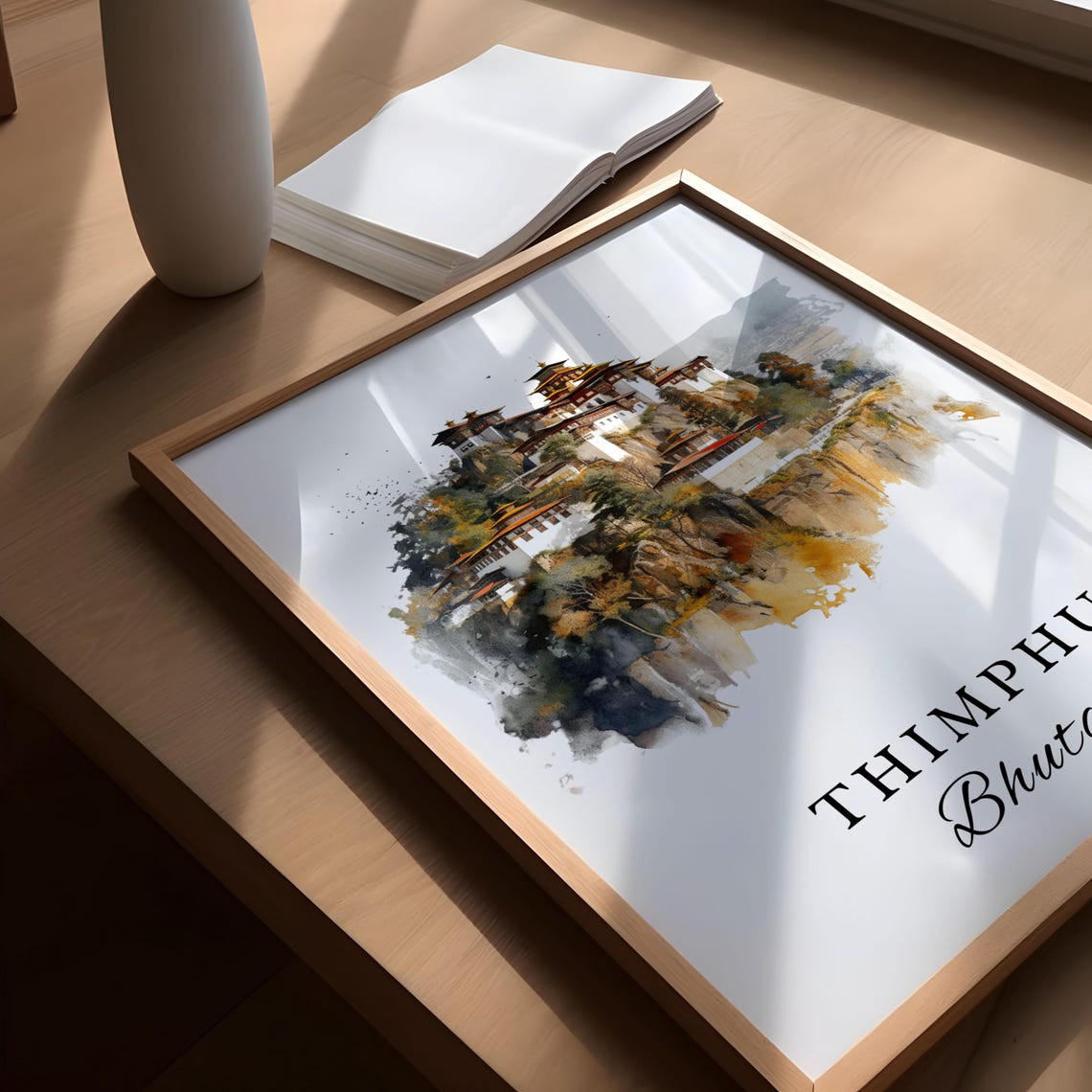 Thimphu Bhutan Watercolor Cliff Monastery Mountain Retreat Poster - Image 4