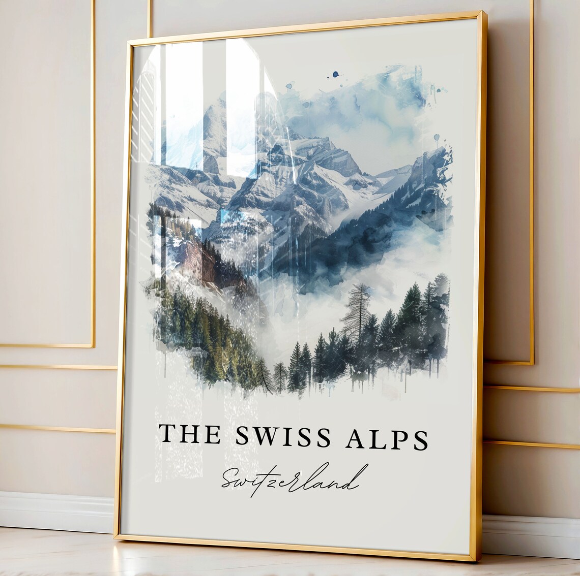 The Swiss Alps Switzerland Watercolor Snow Peaks Pines Poster - Image 4