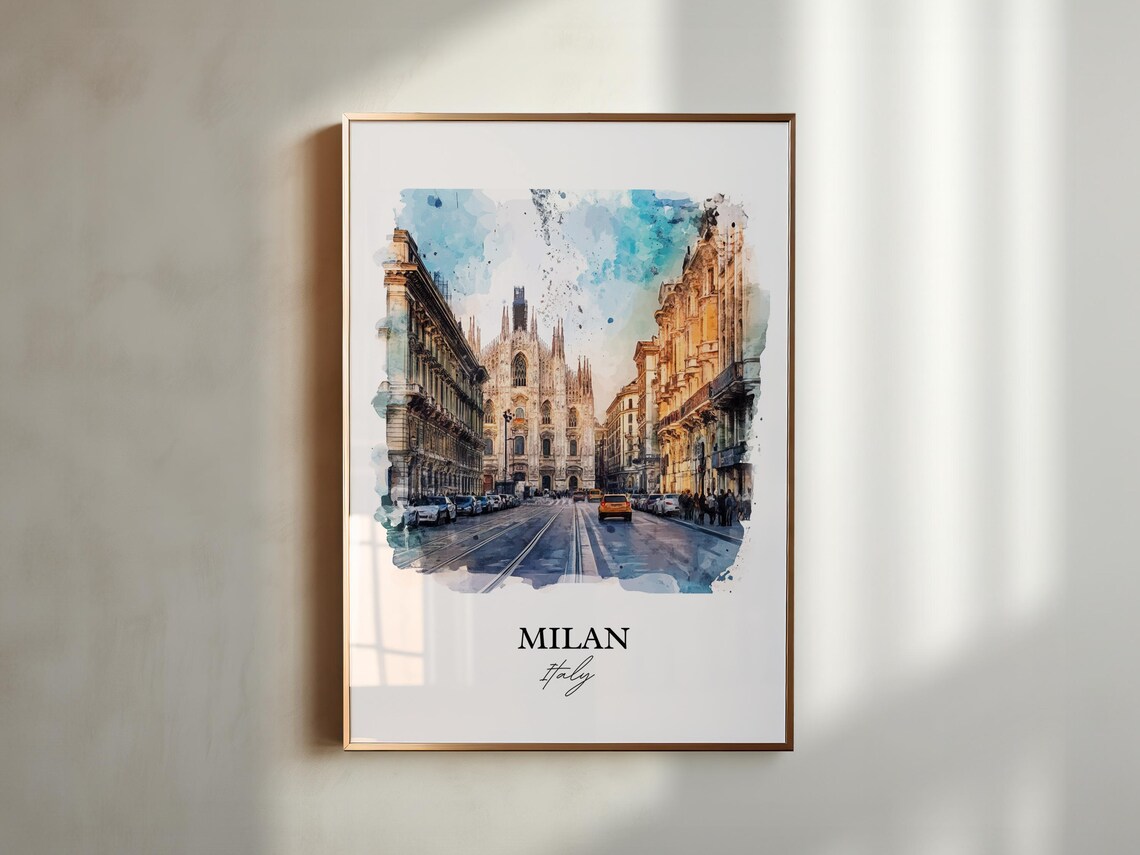 Milan Italy Watercolor Duomo Cathedral Street Scene Travel Poster - Image 5
