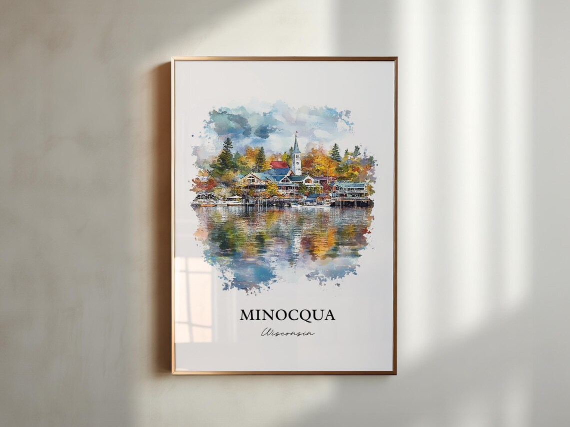 Minocqua Wisconsin Watercolor Lakeside Village Church Steeple Poster - Image 3