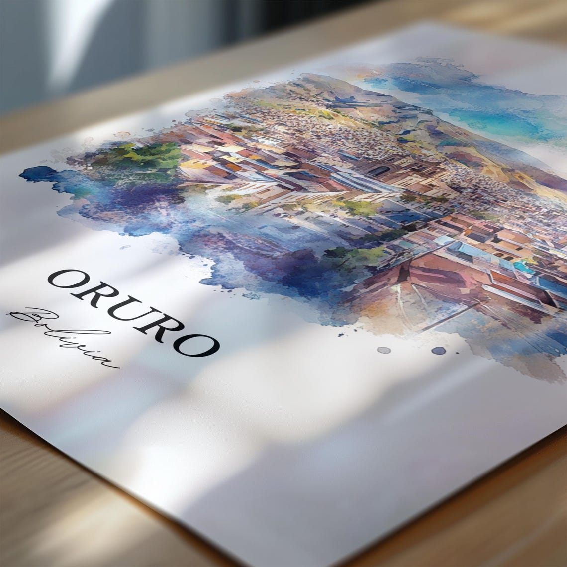 Oruro Bolivia Watercolor Mountain Cityscape Scenic Travel Poster - Image 6