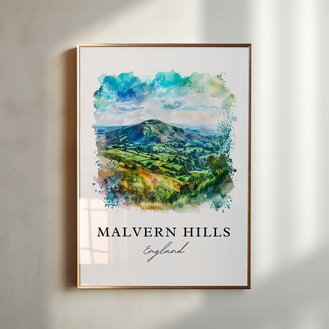 Malvern Hills England Rolling Green Hills Watercolor Travel Poster