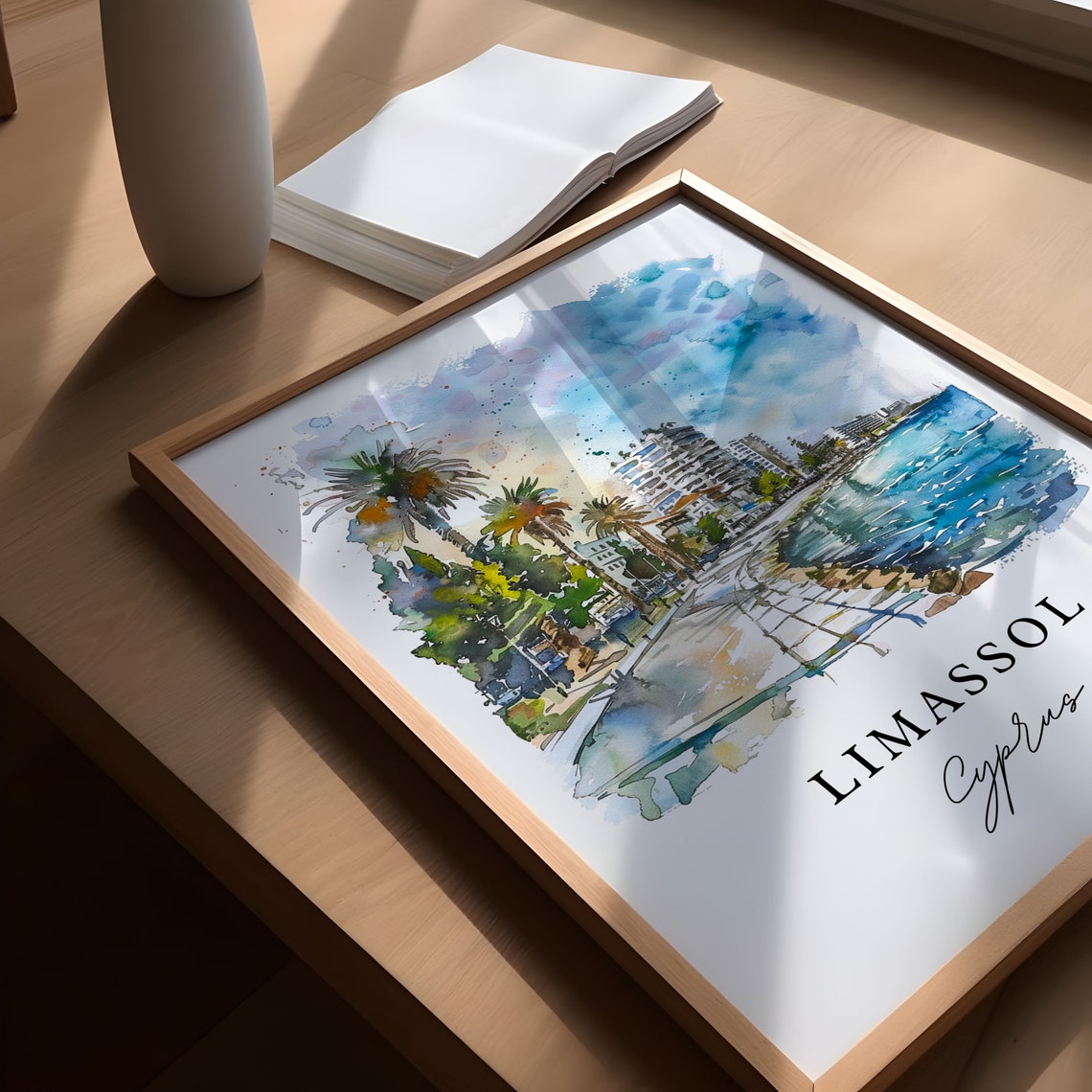 Limassol Cyprus Watercolor Seaside Promenade Palm Trees Poster - Image 5