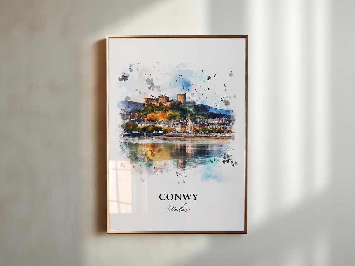Conwy Wales Watercolor Castle Hilltop Town Harbor Reflection Poster - Image 5