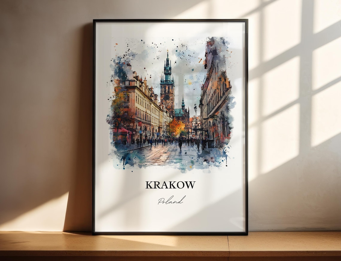 Krakow Poland Old Town St Mary Tower Street Watercolor Travel Poster