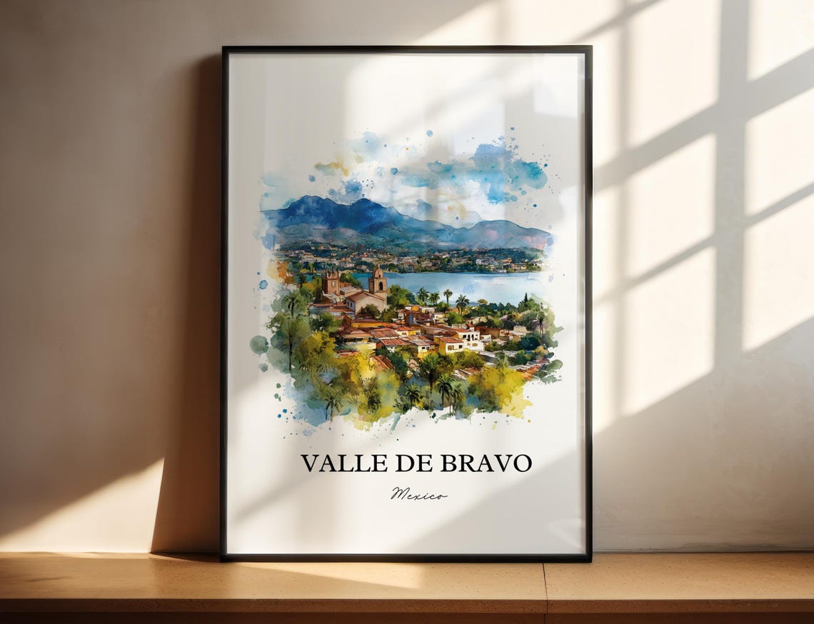 Valle De Bravo Wall Art Lake Avndaro Print Mexico Watercolor Gift Travel Poster Housewarming
