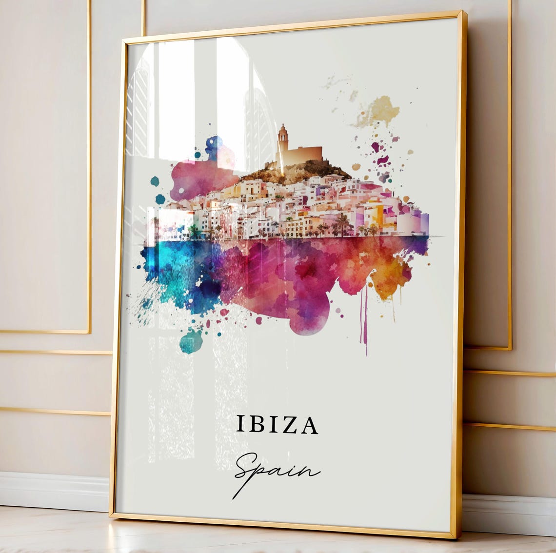 Ibiza Spain Balearic Island Harbor Coast Watercolor Travel Poster