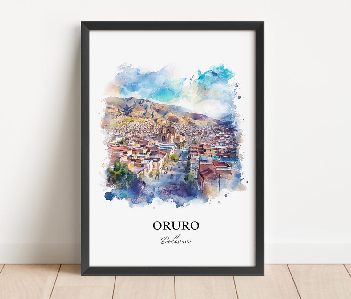 Oruro Bolivia Watercolor Mountain Cityscape Scenic Travel Poster - Image 3
