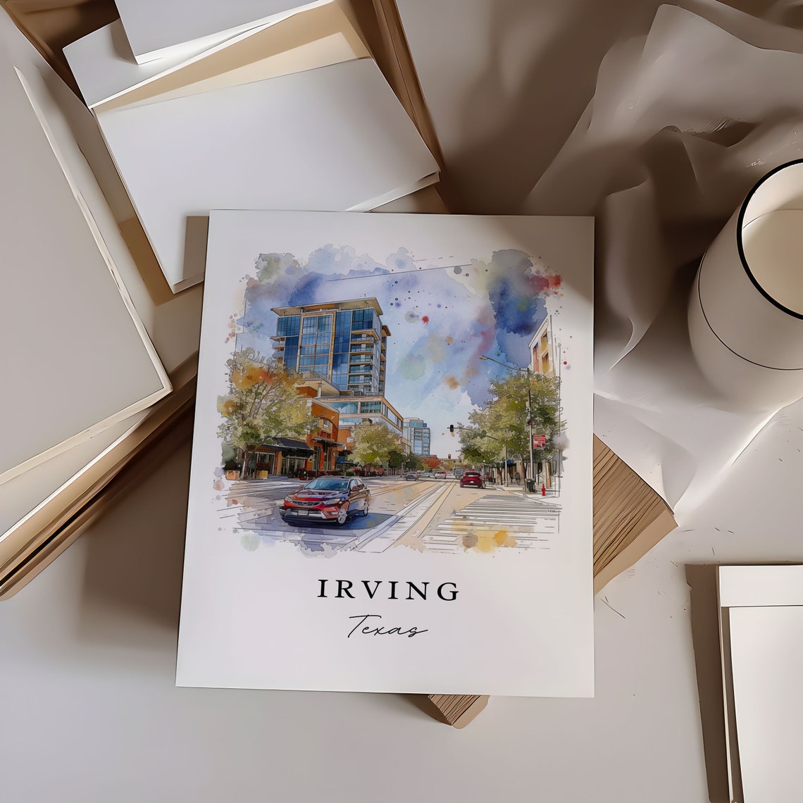 Irving Texas Modern City Street Glass Tower Watercolor Poster - Image 5