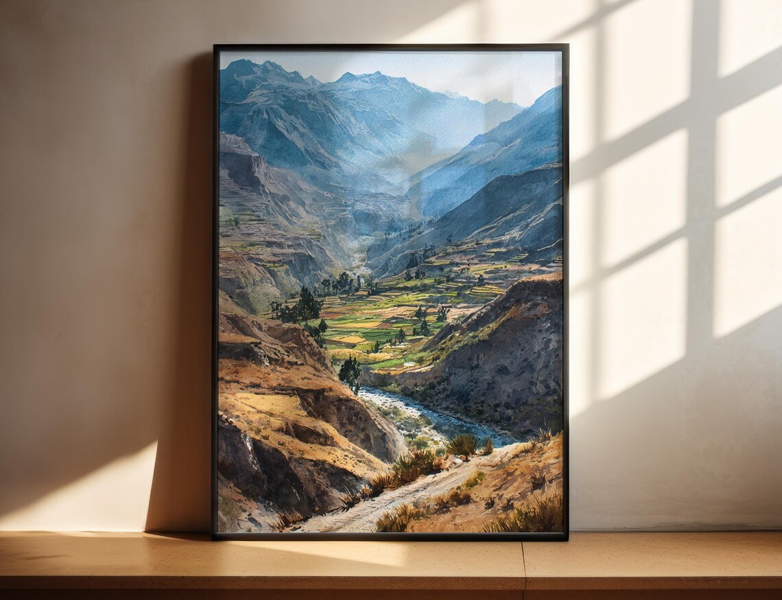 Colca Canyon Peru Watercolor River Andes Landscape Travel Poster