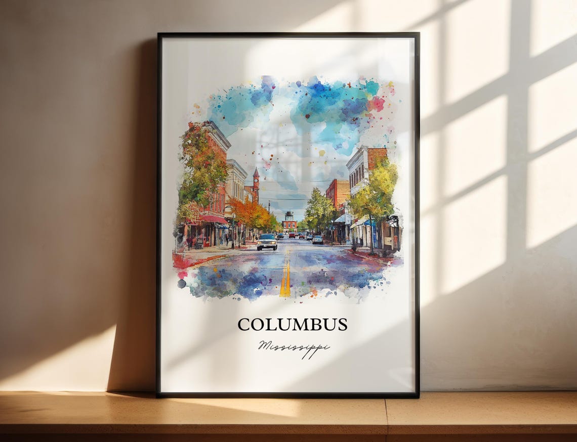 Columbus Mississippi Colorful Downtown Street Watercolor Poster - Image 3