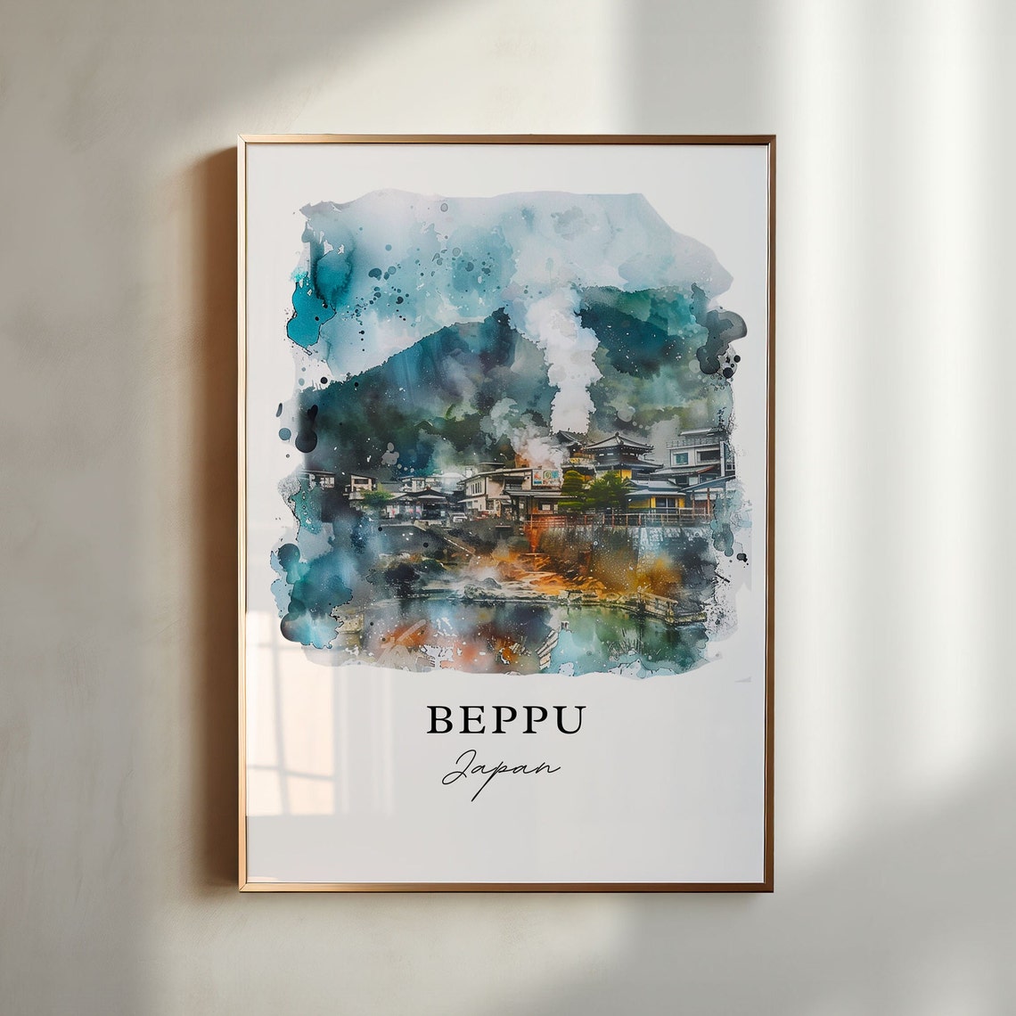 Beppu Japan Watercolor Hot Spring Mountain Town Scene Poster