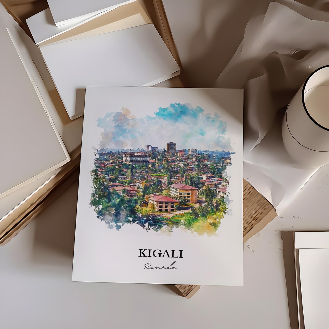 Kigali Rwanda Green Hills City View Watercolor Travel Poster - Image 4