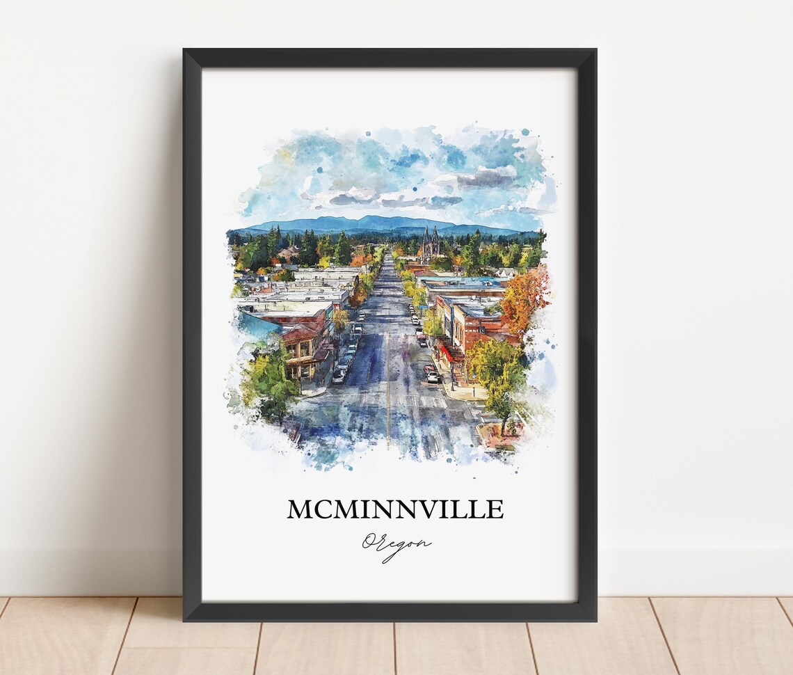 McMinnville Oregon Downtown Aerial Watercolor Travel Gift Poster - Image 2
