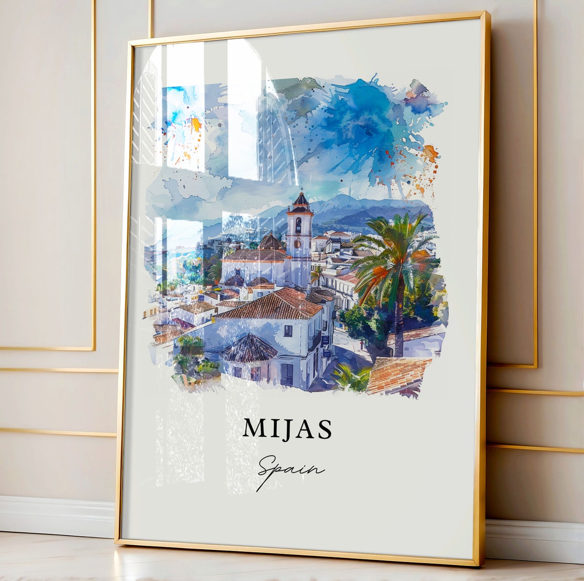Mijas Spain Watercolor Whitewashed Village Church Palm Trees Poster - Image 4