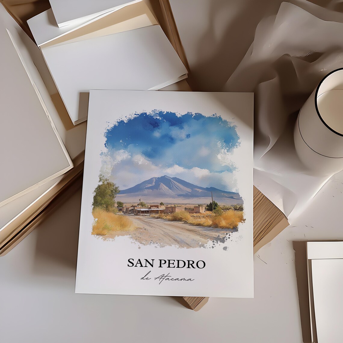 San Pedro de Atacama Watercolor Desert Village Volcano Travel Poster - Image 2