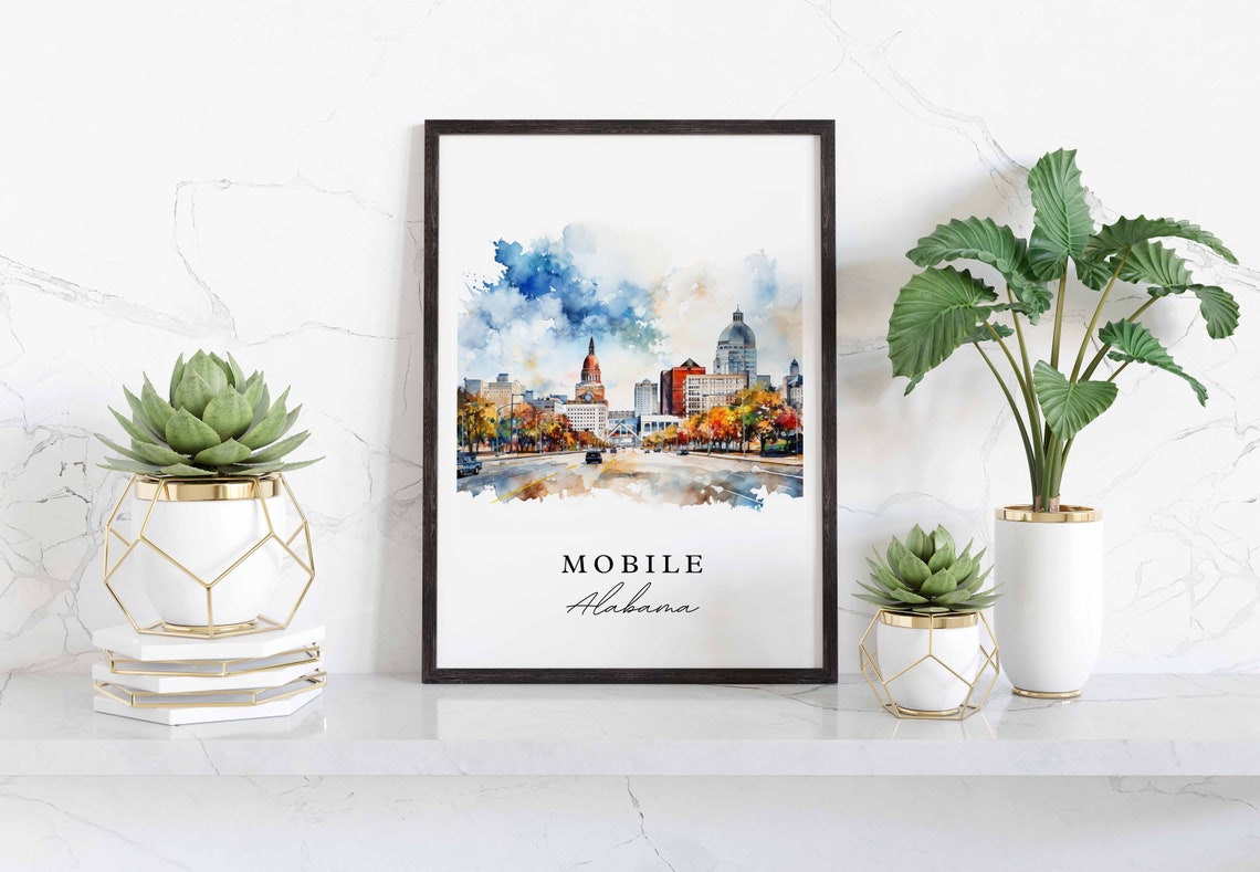 Mobile Alabama Watercolor Downtown Skyline Street Scene Poster