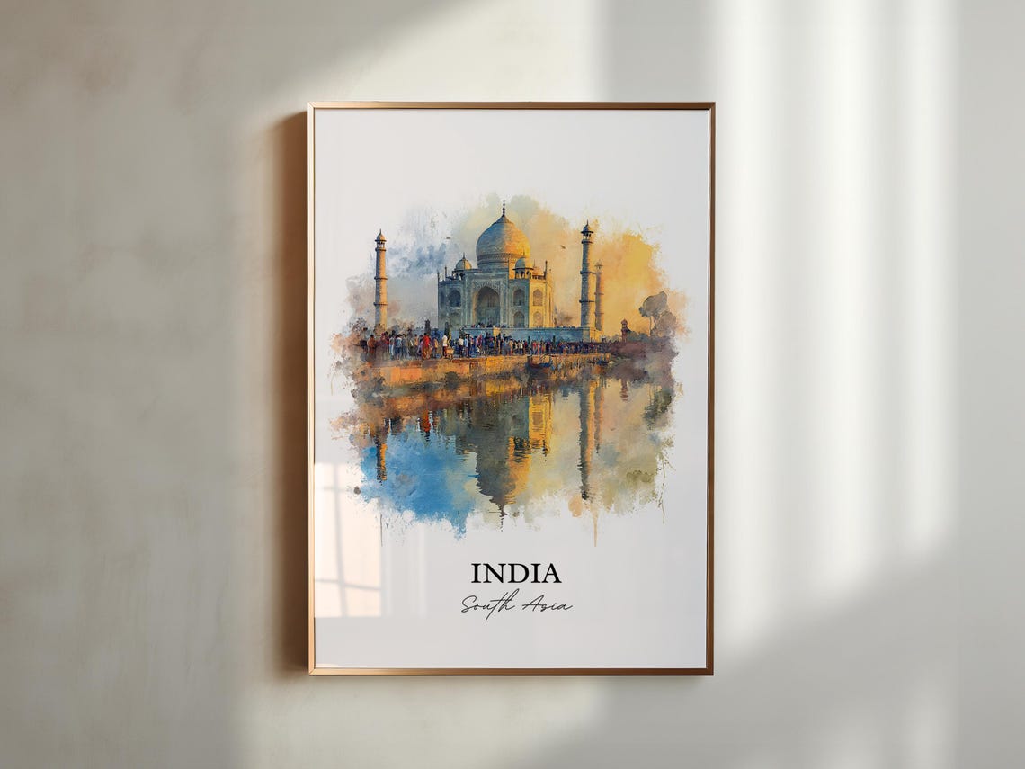 Taj Mahal India Sunset Reflection Watercolor Landmark Travel Poster - Image 5