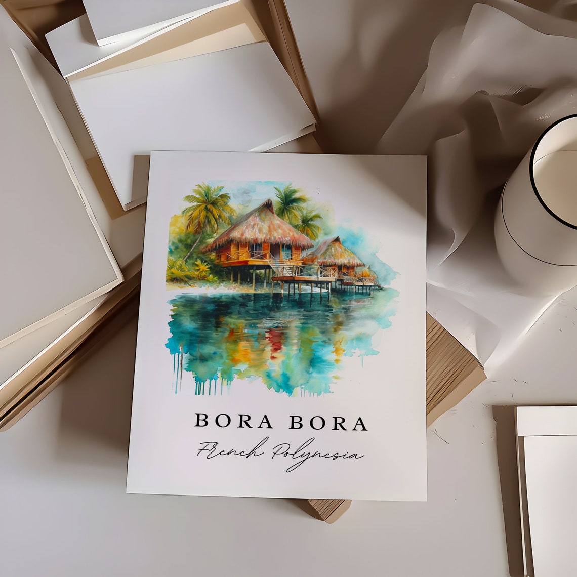 Bora Bora French Polynesia Overwater Bungalows Watercolor Poster - Image 5